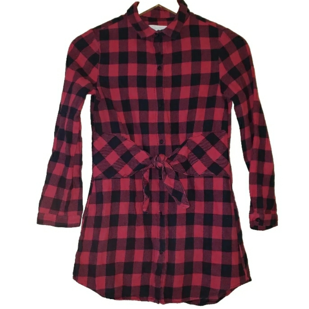 ZARA Girls Red/Black Buffalo Plaid Tie Waist Flannel Christmas Dress  11-12